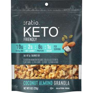 Ratio Trio Coconut Almond Granola Cereal, 1g Sugar, Keto Friendly, 8 oz Resealable Cereal Bag