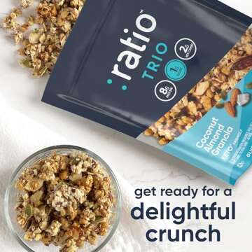 Ratio Trio Coconut Almond Granola Cereal, 1g Sugar, Keto Friendly, 8 oz Resealable Cereal Bag