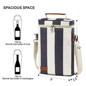 ZORMY 2 Bottle Insulated Wine Tote Bag, Wine Carrier Travel Padded Cooler Bag with Shoulder Strap & Corkscrew Opener, Perfect Wine Lover's Gift, Great for Picnics (Wide Stripe)