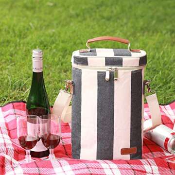 ZORMY 2 Bottle Insulated Wine Tote Bag, Wine Carrier Travel Padded Cooler Bag with Shoulder Strap & Corkscrew Opener, Perfect Wine Lover's Gift, Great for Picnics (Wide Stripe)