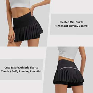 Raroauf Womens Pleated Tennis Skirts with Shorts High Waisted Mini Skirt Golf Skort Athletic Skirts Workout Pickball Black X-Small