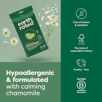 Earth Rated Pet Eye Wipes, Hypoallergenic Cleaner for Dogs & Cats Eyes to Remove Dirt & Discharge, Fragrance Free, 70 Count