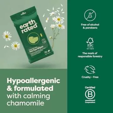 Earth Rated Pet Eye Wipes, Hypoallergenic Cleaner for Dogs & Cats Eyes to Remove Dirt & Discharge, Fragrance Free, 70 Count