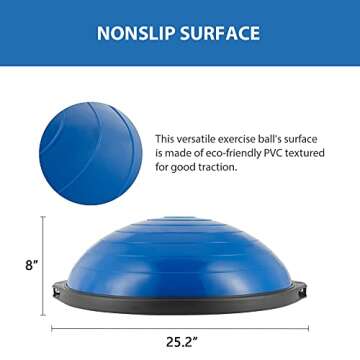 ZELUS 25in. Balance Ball | 1500lb Inflatable Half Exercise Ball Wobble Board Balance Trainer w Nonslip Base | Half Yoga Ball Strength Training Equipment w 2 Bands, Pump, Extra Ball Included (Blue)