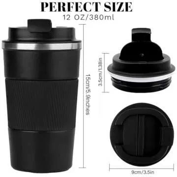 YINBAOGE Insulated Travel Coffee Mug Spill Proof Leak Proof Pobtable To Go Camping Stainless Steel Coffee Tumbler Reusable Coffee Cups with Lids Thermos for Hot and Cold Drink (Black, 12 OZ)