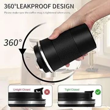 YINBAOGE Insulated Travel Coffee Mug Spill Proof Leak Proof Pobtable To Go Camping Stainless Steel Coffee Tumbler Reusable Coffee Cups with Lids Thermos for Hot and Cold Drink (Black, 12 OZ)