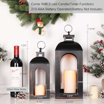 DECORKEY LED Lantern Decorative Outdoor&Indoor, Set of 2 (17’’&13’’) Black Metal Lanterns De...