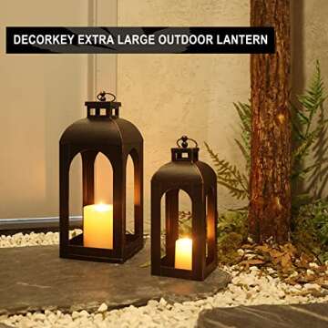 DECORKEY LED Lantern Decorative Outdoor&Indoor, Set of 2 (17’’&13’’) Black Metal Lanterns Decor, Vintage Hanging Candle Holder for Home Porch Wedding Halloween Christmas Decorations Battery Powered
