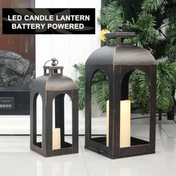 DECORKEY LED Lantern Decorative Outdoor&Indoor, Set of 2 (17’’&13’’) Black Metal Lanterns Decor, Vintage Hanging Candle Holder for Home Porch Wedding Halloween Christmas Decorations Battery Powered