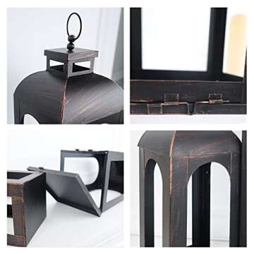 DECORKEY LED Lantern Decorative Outdoor&Indoor, Set of 2 (17’’&13’’) Black Metal Lanterns Decor, Vintage Hanging Candle Holder for Home Porch Wedding Halloween Christmas Decorations Battery Powered