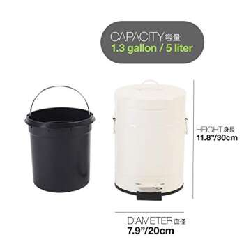 Bathroom Trash Can with Lid, Small Waste Basket for Home Bedroom, Retro Step Garbage Can with Soft Close, Vintage Office Trash Can, 5 Liter/ 1.3 Gallon, Glossy Cream White