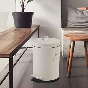 Bathroom Trash Can with Lid, Small Waste Basket for Home Bedroom, Retro Step Garbage Can with Soft Close, Vintage Office Trash Can, 5 Liter/ 1.3 Gallon, Glossy Cream White