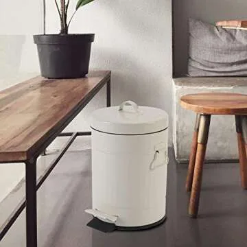 Bathroom Trash Can with Lid, Small Waste Basket for Home Bedroom, Retro Step Garbage Can with Soft Close, Vintage Office Trash Can, 5 Liter/ 1.3 Gallon, Glossy Cream White