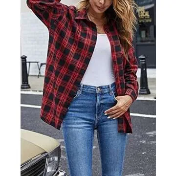 Zontroldy Red and Black Buffalo Plaid Flannel Shirt Women Oversized Long Sleeve Button Down Plaid Sh...