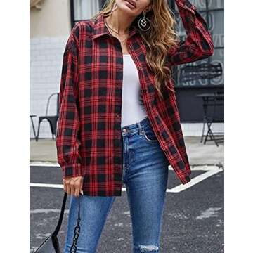 Zontroldy Red and Black Buffalo Plaid Flannel Shirt Women Oversized Long Sleeve Button Down Plaid Shirt Blouse Tops (0228-Red-L)