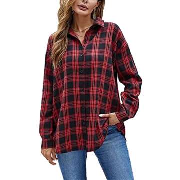 Zontroldy Red and Black Buffalo Plaid Flannel Shirt Women Oversized Long Sleeve Button Down Plaid Shirt Blouse Tops (0228-Red-L)