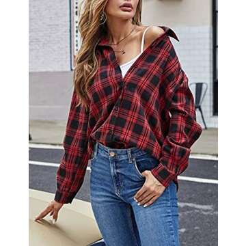 Zontroldy Red and Black Buffalo Plaid Flannel Shirt Women Oversized Long Sleeve Button Down Plaid Shirt Blouse Tops (0228-Red-L)