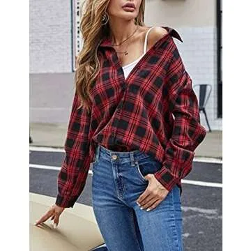 Zontroldy Red and Black Buffalo Plaid Flannel Shirt Women Oversized Long Sleeve Button Down Plaid Shirt Blouse Tops (0228-Red-L)