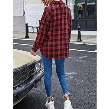 Zontroldy Red and Black Buffalo Plaid Flannel Shirt Women Oversized Long Sleeve Button Down Plaid Shirt Blouse Tops (0228-Red-L)