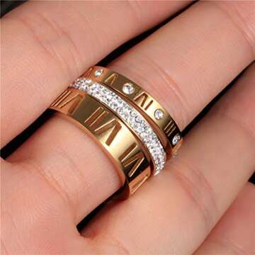 Jarlinwel Stainless Steel CZ Zirconia Roman Numeral Ring For Women Stacking Thumb 3 in 1 Spinner Rings (Gold, 6 Runs small)