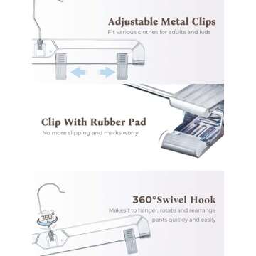 HOUSE DAY 25 Pack Clear Pants Hangers with Clips, Non-Slip with Adjustable Heavy Duty Slim Plastic Hangers 14" 360-Rotating Swivel Hook, Clip Hangers for Trousers, Skirts