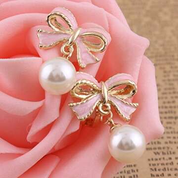 GRACE JUN Pink Bowknot Shape Clip on Earrings Without Piercing for Women Pearl Drop Earrings(Pink Bowknot Clip-ons)