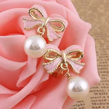 GRACE JUN Pink Bowknot Shape Clip on Earrings Without Piercing for Women Pearl Drop Earrings(Pink Bowknot Clip-ons)
