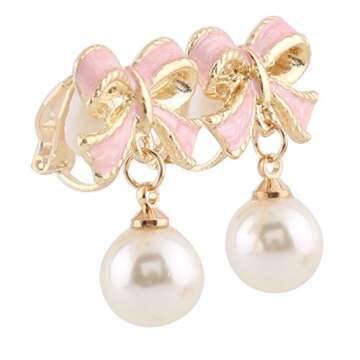 GRACE JUN Pink Bowknot Shape Clip on Earrings Without Piercing for Women Pearl Drop Earrings(Pink Bowknot Clip-ons)