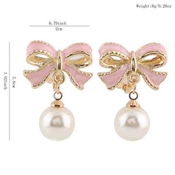 GRACE JUN Pink Bowknot Shape Clip on Earrings Without Piercing for Women Pearl Drop Earrings(Pink Bowknot Clip-ons)
