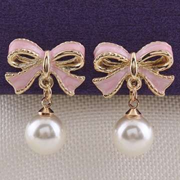 GRACE JUN Pink Bowknot Shape Clip on Earrings Without Piercing for Women Pearl Drop Earrings(Pink Bowknot Clip-ons)
