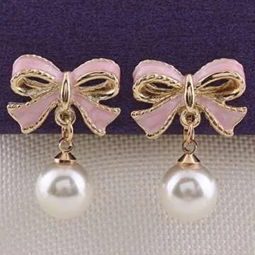 GRACE JUN Pink Bowknot Shape Clip on Earrings Without Piercing for Women Pearl Drop Earrings(Pink Bowknot Clip-ons)