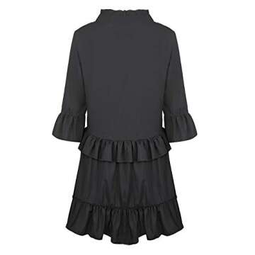 MITILLY Women's V Neck Ruffle Solid Color Loose Swing Casual T-Shirt Dress with Pockets Large Black