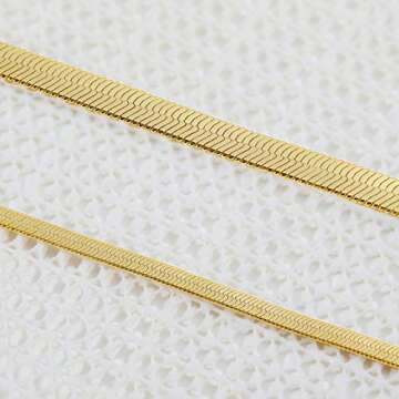 Fiusem Gold Plated Herringbone Necklace for Women, 14K Gold Plated Flat Snake Chain Necklace for Women, Gold Plated Choker Necklace for Women, 5mm(W) 14"(L) & 3mm(W) 12.5"(L)