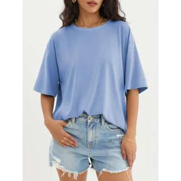 ATHMILE Womens Oversized T Shirts Loose Fit Crewneck Short Sleeve Tops Summer Casual Blouse Y2K 2025 Basic Tee SkyBlue