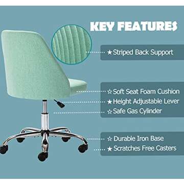 Home Office Desk Chair, Vanity Chair, Modern Adjustable Low Back Rolling Chair, Twill Upholstered Cute Office Chair, Desk Chairs with Wheels for Bedroom, Classroom, Vanity Room (Green)