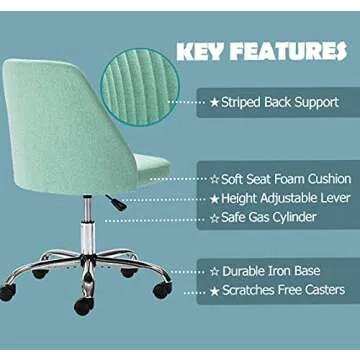 Home Office Desk Chair, Vanity Chair, Modern Adjustable Low Back Rolling Chair, Twill Upholstered Cute Office Chair, Desk Chairs with Wheels for Bedroom, Classroom, Vanity Room (Green)