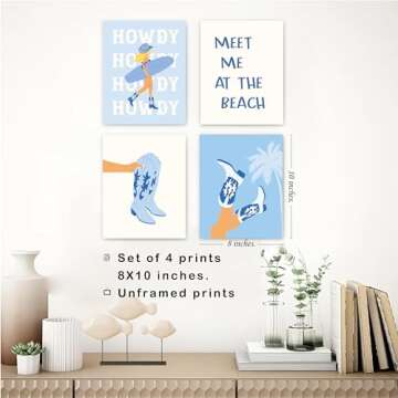 okaxscm Coastal Cowgirl Room Decor Aesthetic, Coastal Cowgirl Wall Art Prints Set of 4, Coastal Granddaughter Room Decor, Blue Preppy Beach Surf Poster for Teen Girls Bedroom Dorm, 8x10 Unframed