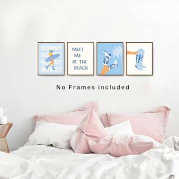okaxscm Coastal Cowgirl Room Decor Aesthetic, Coastal Cowgirl Wall Art Prints Set of 4, Coastal Granddaughter Room Decor, Blue Preppy Beach Surf Poster for Teen Girls Bedroom Dorm, 8x10 Unframed