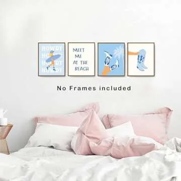 okaxscm Coastal Cowgirl Room Decor Aesthetic, Coastal Cowgirl Wall Art Prints Set of 4, Coastal Granddaughter Room Decor, Blue Preppy Beach Surf Poster for Teen Girls Bedroom Dorm, 8x10 Unframed