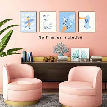 okaxscm Coastal Cowgirl Room Decor Aesthetic, Coastal Cowgirl Wall Art Prints Set of 4, Coastal Granddaughter Room Decor, Blue Preppy Beach Surf Poster for Teen Girls Bedroom Dorm, 8x10 Unframed
