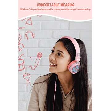 New bee Kids Headphones Wired for School with Microphone KH20 HD Stereo Safe Volume Limited 85dB/94dB Foldable Lightweight for Girl/Mac/Android/Kindle/Tablet/Pad (Pink)