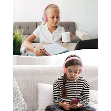 New bee Kids Headphones Wired for School with Microphone KH20 HD Stereo Safe Volume Limited 85dB/94dB Foldable Lightweight for Girl/Mac/Android/Kindle/Tablet/Pad (Pink)