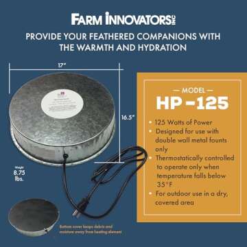 Farm Innovators 125 Watt Heated Base for Double Wall Metal Poultry Founts with 35 degrees Fahrenheit Temperature and Below, Metallic
