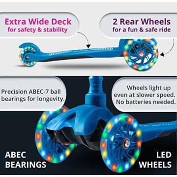 Kicksy Light & Sturdy 3-Wheel Adjustable Height Scooter for Kids Ages 3-12. LED Light-Up Wheels. Ind...