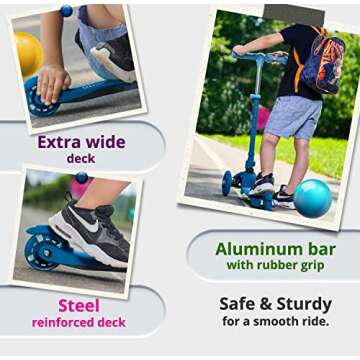 Kicksy Light & Sturdy 3-Wheel Adjustable Height Scooter for Kids Ages 3-12. LED Light-Up Wheels. Indoor & Outdoor Play. Anti-Slip Deck Cruise. Best Toy & Gift
