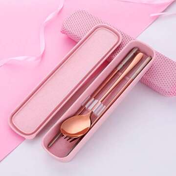 DOBUYOO 3 Piece Portable Flatware Set in Rose Gold