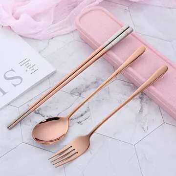 DOBUYOO 3 Piece Portable Flatware Set in Rose Gold