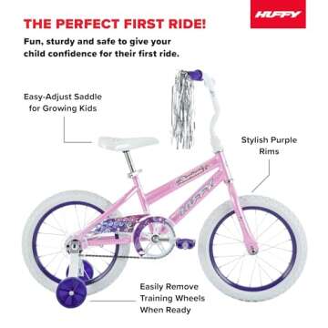 Huffy Illuminate 16” Girl’s Bike with Removable Training Wheels, Gloss Pink Frame with Butterfly Graphics, Chain Guard, White Tires and Purple Rims