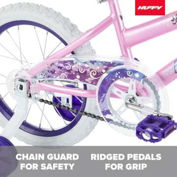 Huffy Illuminate 16” Girl’s Bike with Removable Training Wheels, Gloss Pink Frame with Butterfly Graphics, Chain Guard, White Tires and Purple Rims