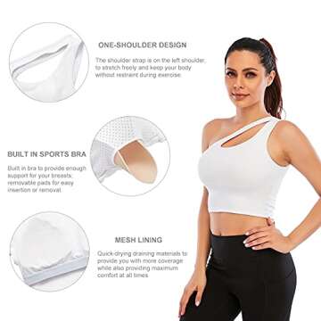 Youloveit One Shoulder Sports Bras for Women Medium Support Longline Padded Yoga Crop Tank Top with Built in Sports Bra（White,XL